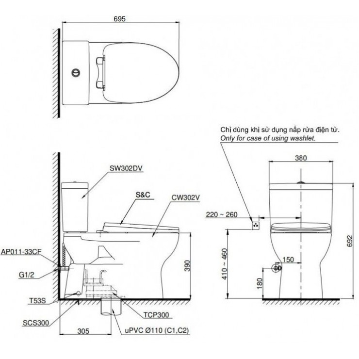 Bồn cầu TOTO CS302DE4 2 khối nắp rửa cơ TCW1211A