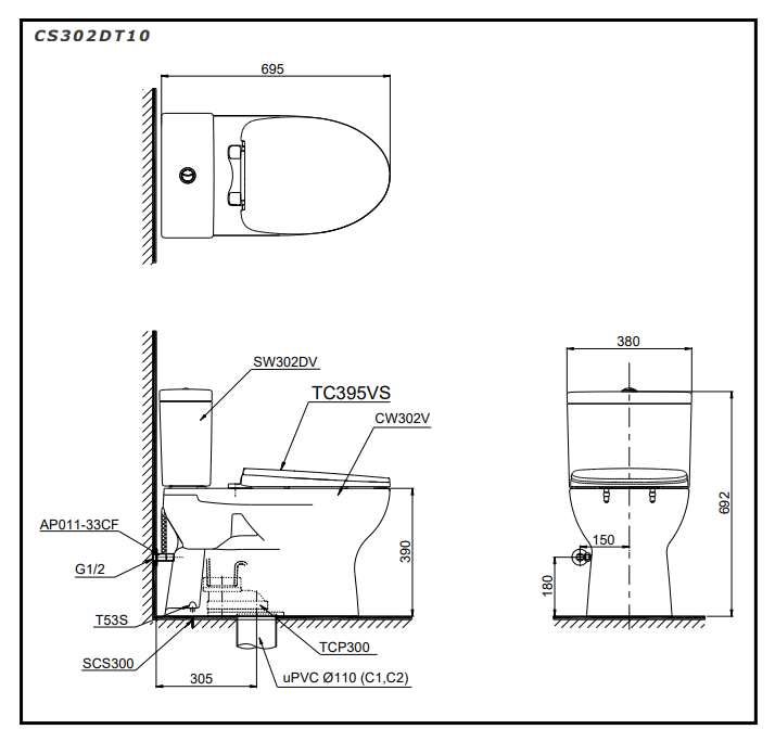 Bồn cầu 2 khối TOTO CS302DT10 nắp đóng êm TC395VS