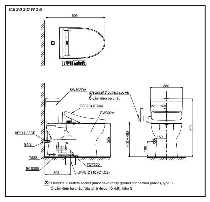 Bồn cầu TOTO CS302DW16 2 khối nắp điện tử Washlet C2 TCF23410AAA