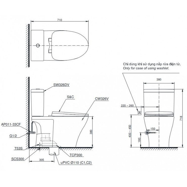 Bồn cầu TOTO CS326DE2 2 khối nắp rửa cơ TCW07S
