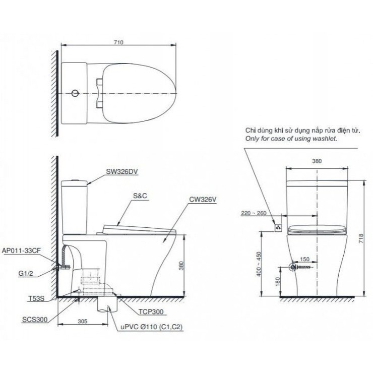 Bồn cầu TOTO CS326DE4 2 khối nắp rửa cơ TCW1211A