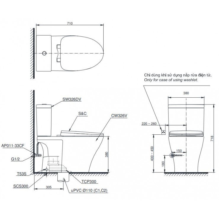Bồn cầu 2 khối TOTO CS326DT10 nắp đóng êm TC395VS