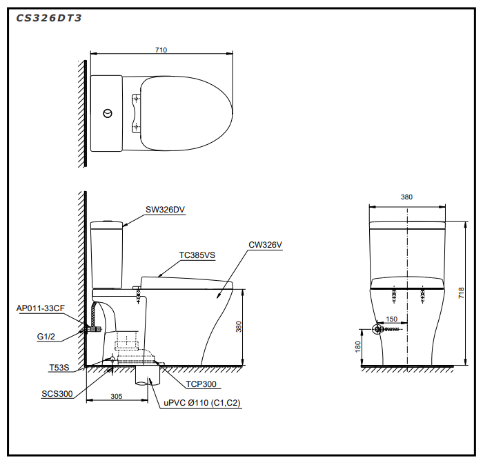 Bồn cầu 2 khối TOTO CS326DT3 nắp đóng êm TC385VS