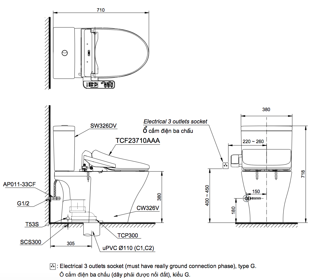 Bồn cầu TOTO CS326DW18 2 khối nắp điện tử TCF23710AAA Washlet C2 cơ bản