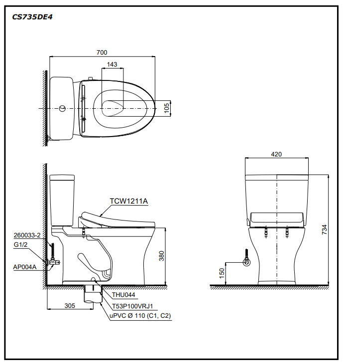 Bồn cầu TOTO CS735DE4 2 khối nắp rửa cơ TCW1211A