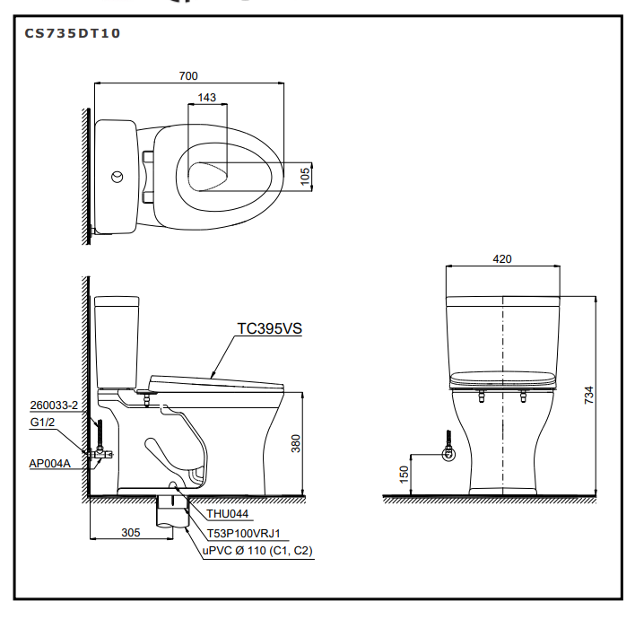Bồn cầu 2 khối TOTO CS735DT10 nắp đóng êm TC395VS