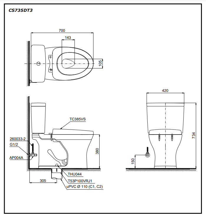 Bồn cầu 2 khối TOTO CS735DT3 nắp đóng êm TC385VS