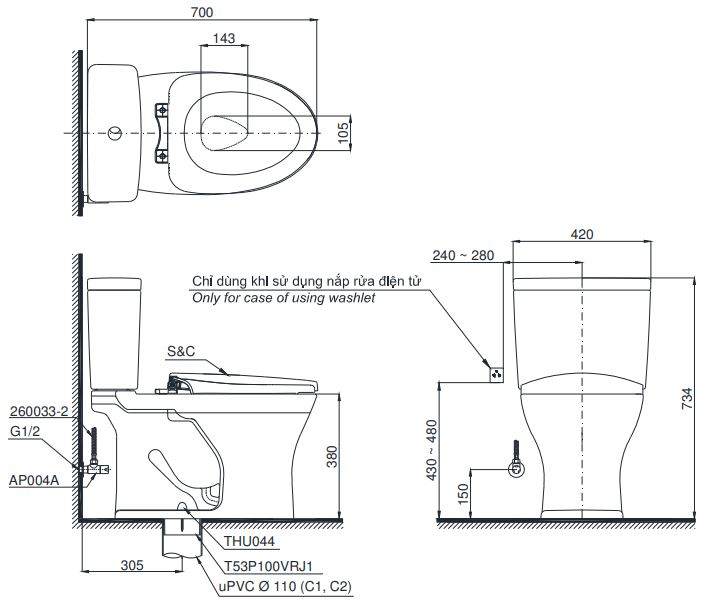 Bồn cầu 2 khối TOTO CS735DT8 nắp đóng êm TC600VS