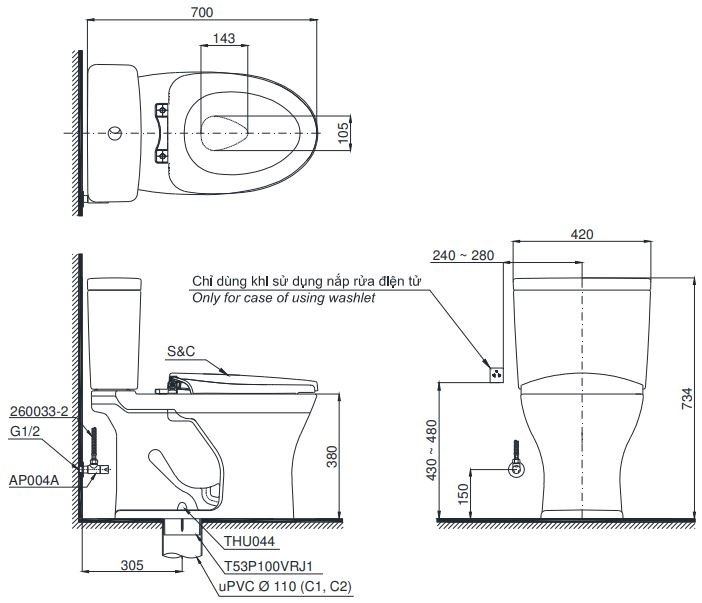 Bồn cầu TOTO CS735DW14 2 khối nắp điện tử Washlet C5 TCF24410AAA