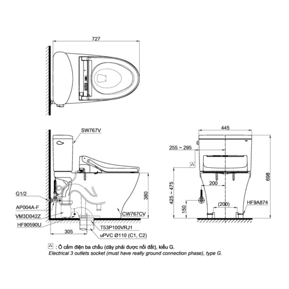 Bồn cầu TOTO CS767CRW25 2 khối nắp điện tử Washlet S5 TCF34461GAA giấu dây