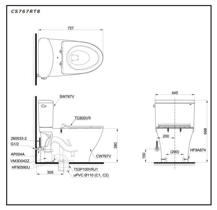 Bồn cầu 2 khối TOTO CS767RT8 nắp đóng êm TC600VS