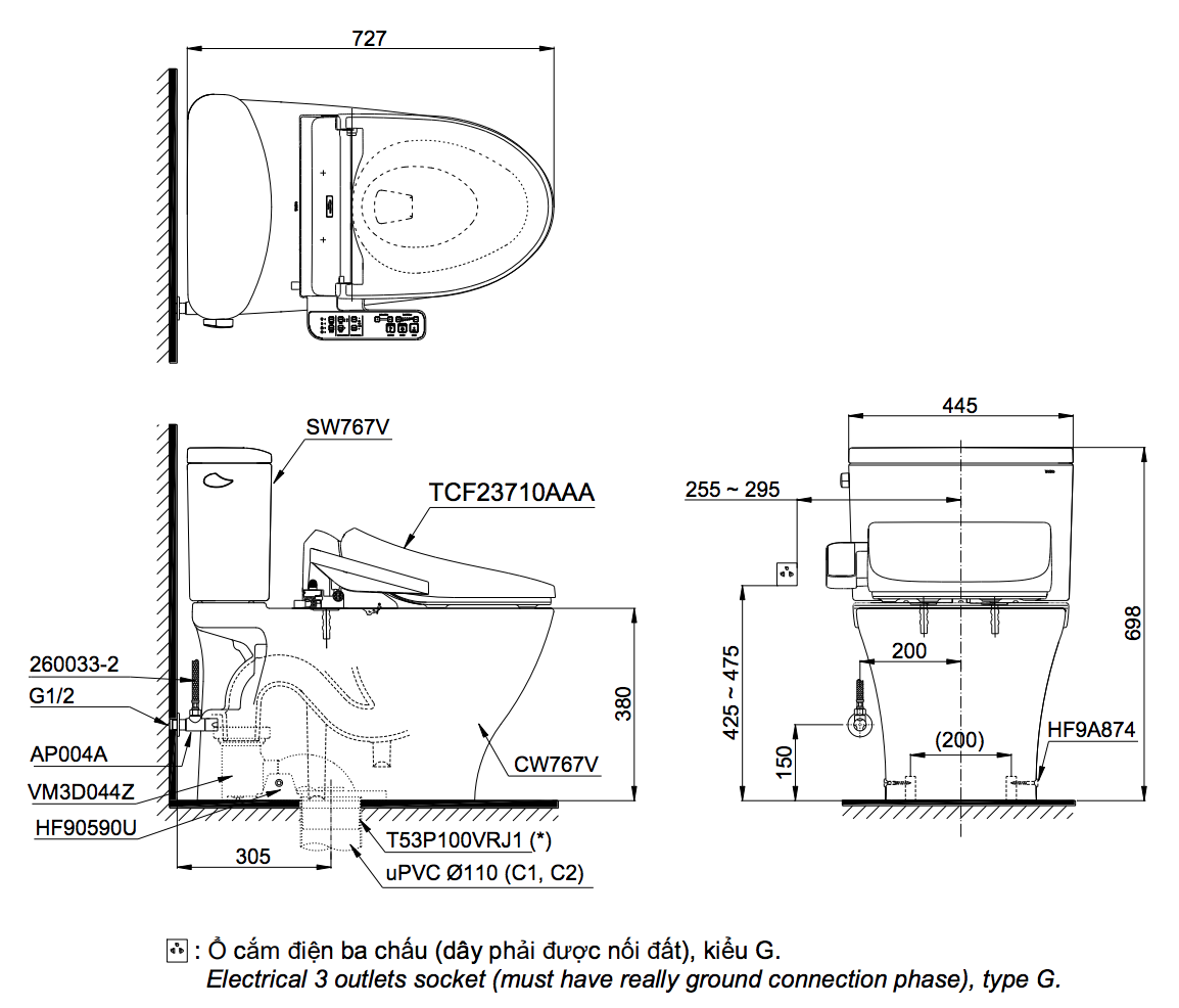 Bồn cầu TOTO CS767RW18 2 khối nắp điện tử TCF23710AAA Washlet C2 cơ bản