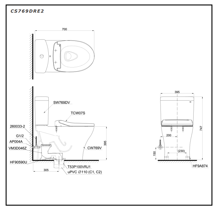 Bồn cầu TOTO CS769DRE2 2 khối nắp rửa cơ TCW07S