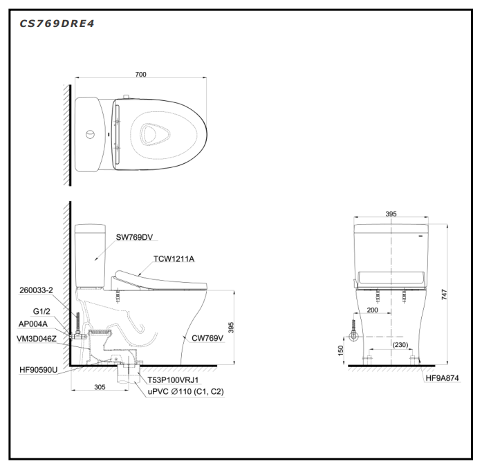 Bồn cầu TOTO CS769DRE4 2 khối nắp rửa cơ TCW1211A