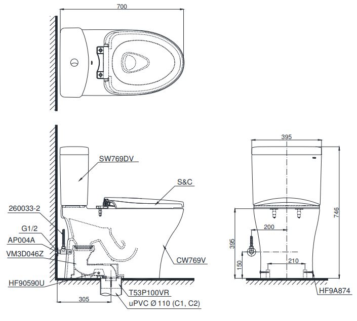 Bồn cầu 2 khối TOTO CS769DRT2 nắp đóng êm TC393VS