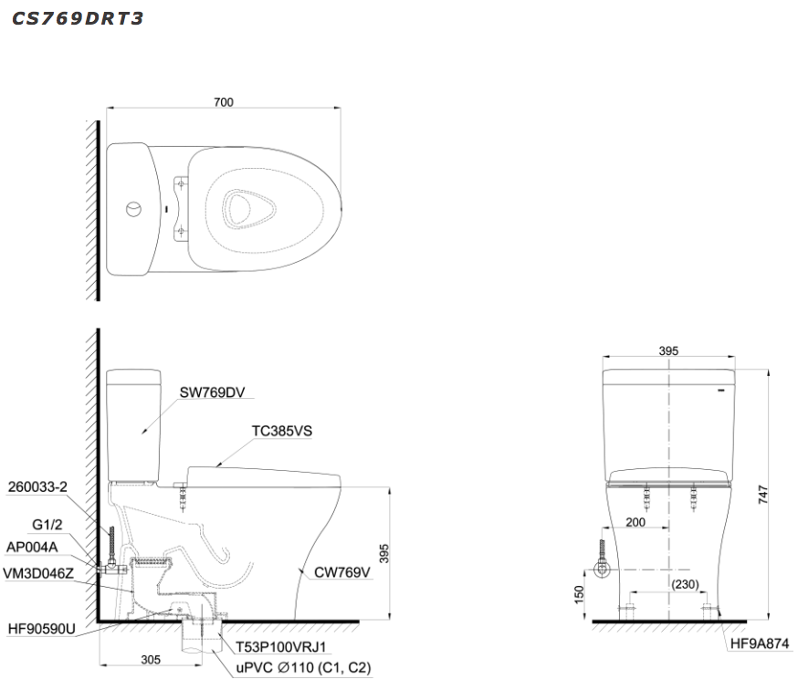 Bồn cầu 2 khối TOTO CS769DRT3 nắp đóng êm TC385VS