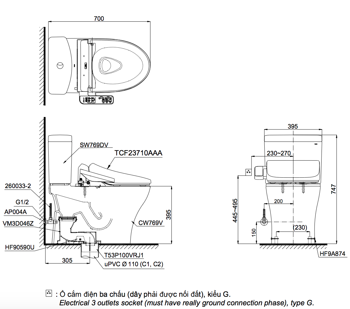 Bồn cầu TOTO CS769DRW18 2 khối nắp điện tử TCF23710AAA Washlet C2 cơ bản