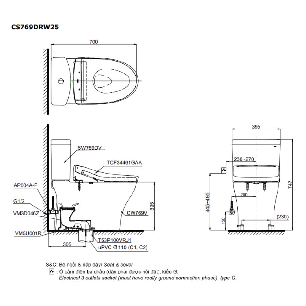 Bồn cầu TOTO CS769DRW25 2 khối nắp điện tử Washlet S5 TCF34461GAA
