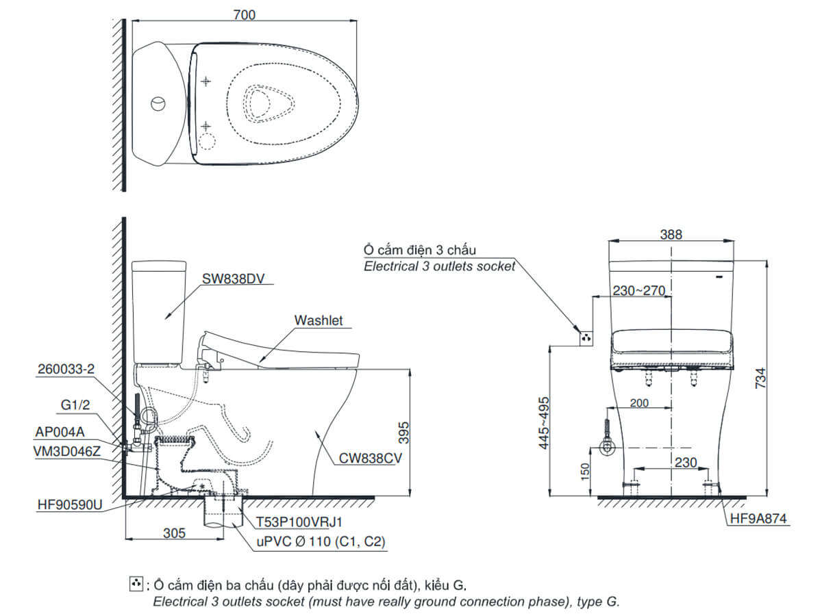 Bồn cầu TOTO CS838CDW12 2 khối nắp điện tử Washlet S7 TCF4911EZ giấu dây