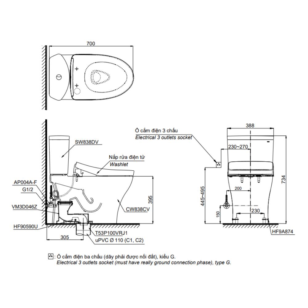 Bồn cầu TOTO CS838CDW25 2 khối nắp điện tử Washlet S5 TCF34461GAA giấu dây