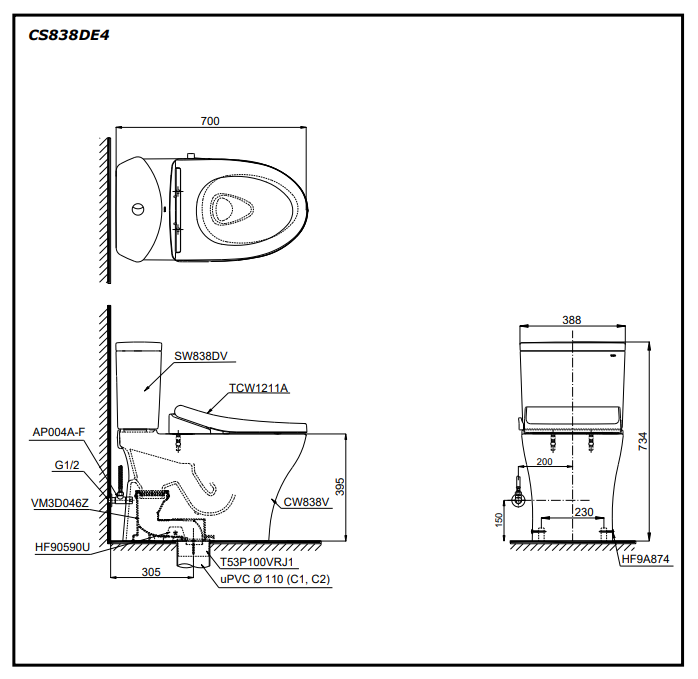 Bồn cầu TOTO CS838DE4 2 khối nắp rửa cơ TCW1211A