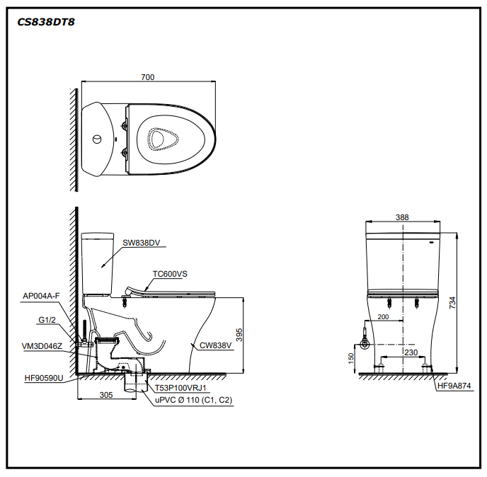 Bồn cầu 2 khối TOTO CS838DT8 nắp đóng êm TC600VS