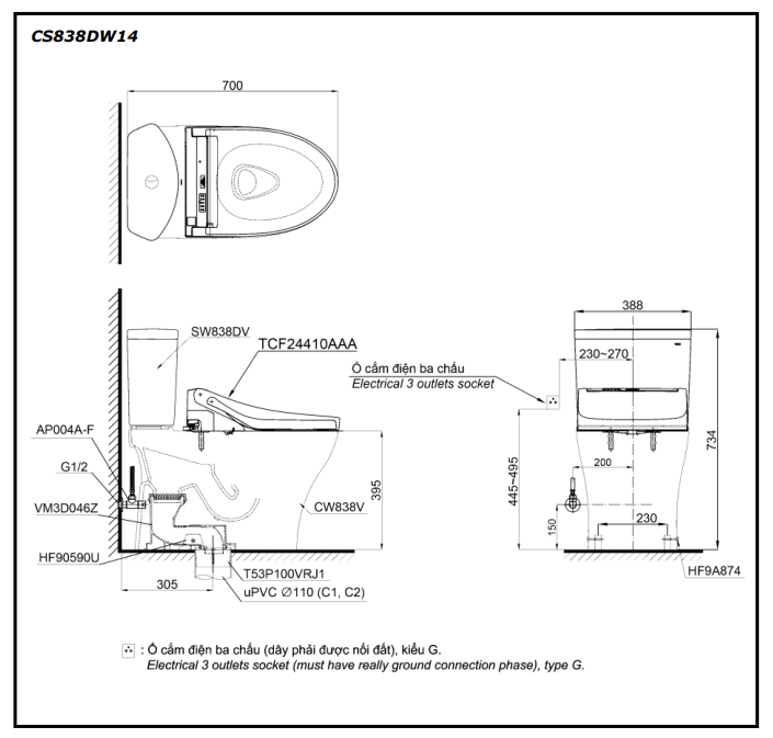 Bồn cầu TOTO CS838DW14 2 khối nắp điện tử Washlet C5 TCF24410AAA