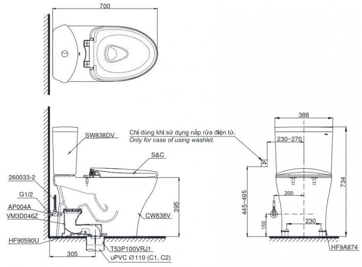Bồn cầu TOTO CS838DW18 2 khối nắp điện tử TCF23710AAA Washlet C2 cơ bản