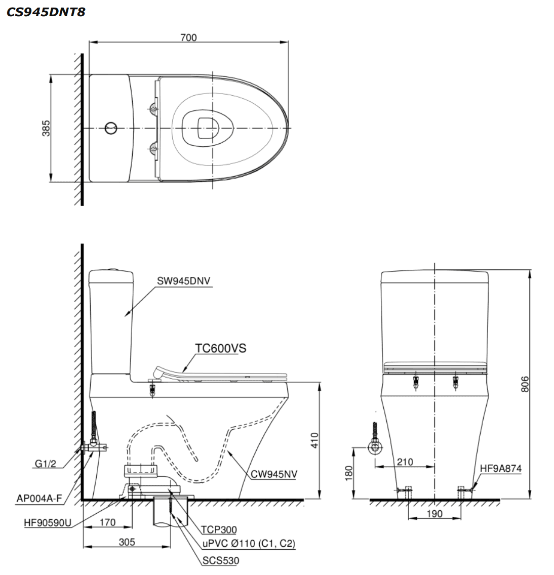 Bồn cầu 2 khối TOTO CS945DNT8 nắp đóng êm TC600VS
