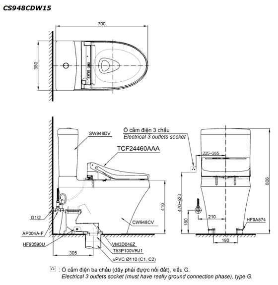 Bồn cầu TOTO CS948CDW15 2 khối nắp điện tử Washlet C5 TCF24460AAA giấu dây
