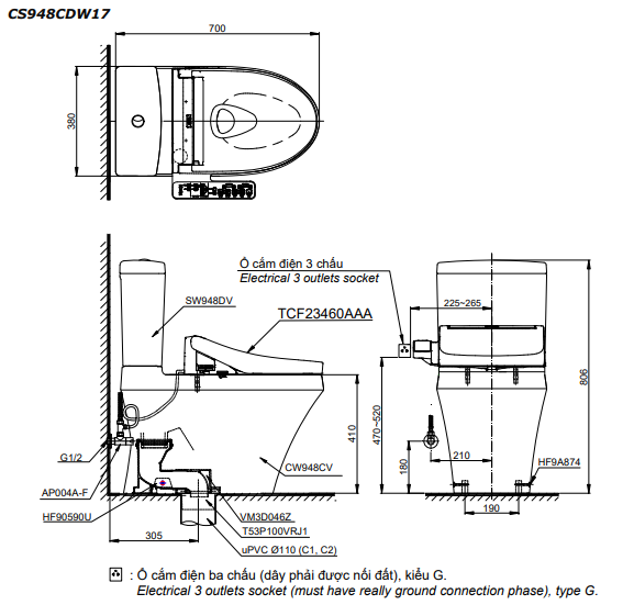 Bồn cầu TOTO CS948CDW17 2 khối nắp điện tử Washlet C2 TCF23460AAA giấu dây