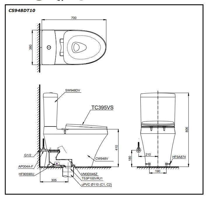 Bồn cầu 2 khối TOTO CS948DT10 nắp đóng êm TC395VS