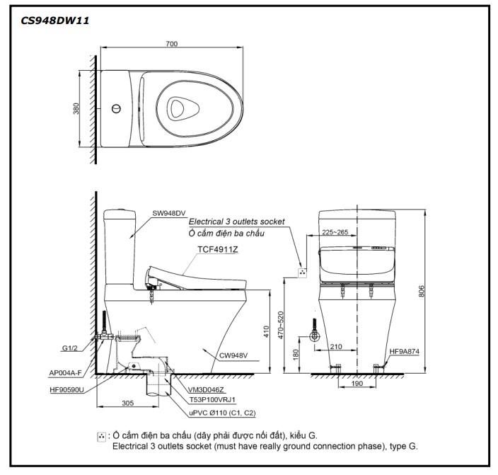 Bồn cầu TOTO CS948DW11 2 khối nắp điện tử Washlet S7 TCF4911Z
