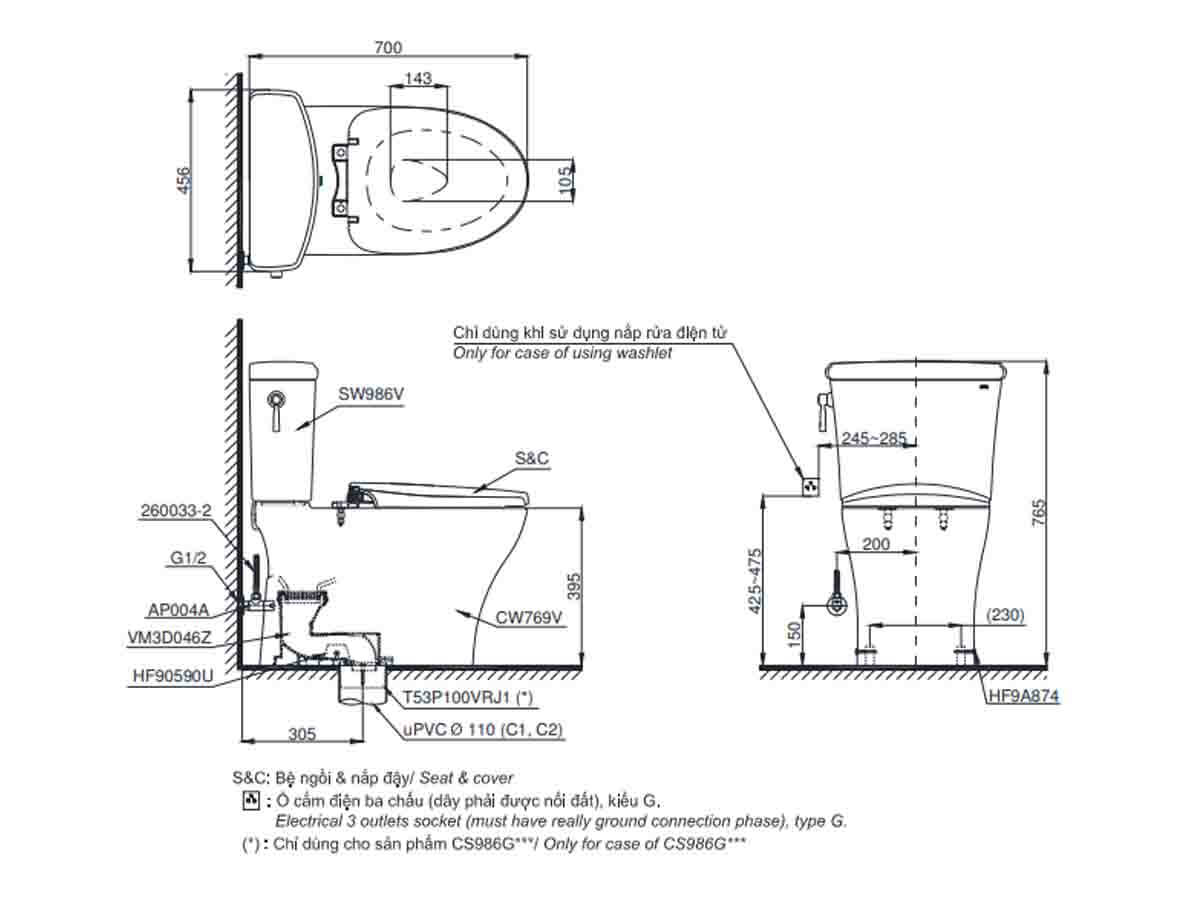 Bồn cầu 2 khối TOTO CS986GT8 nắp đóng êm TC600VS