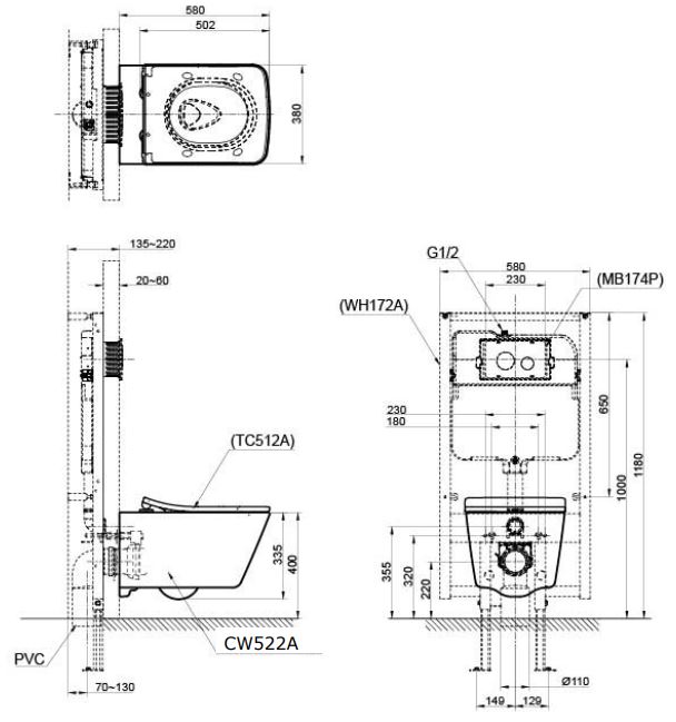 Bồn cầu treo tường nắp êm TOTO CW522A TC512A WH172A MB171M