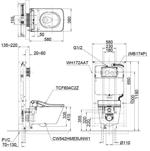 Bồn cầu treo tường điện tử SW (giấu dây) xả tự động TOTO CW522EA TCF804C2Z WH172AAT MB171M