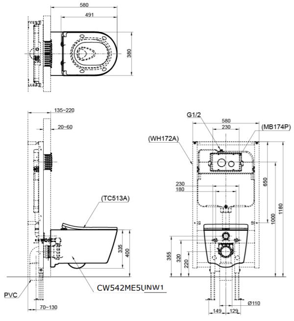 Bồn cầu treo tường nắp êm TOTO CW542ME5U TC513A WH172A MB175M