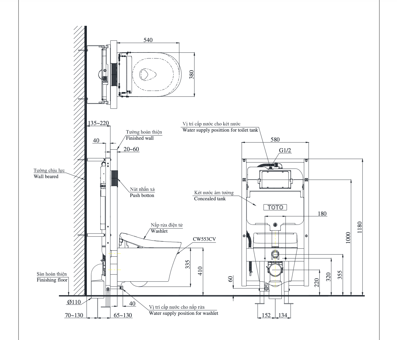 Bồn cầu treo tường điện tử (giấu dây) xả tự động TOTO CW553C TCF34570GAA WH172AAT TCA502 MB175M