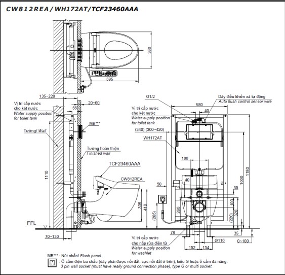 Bồn cầu treo tường điện tử (giấu dây) TOTO CW812REA TCF23460AAA WH172AT TCA465 MB176GH