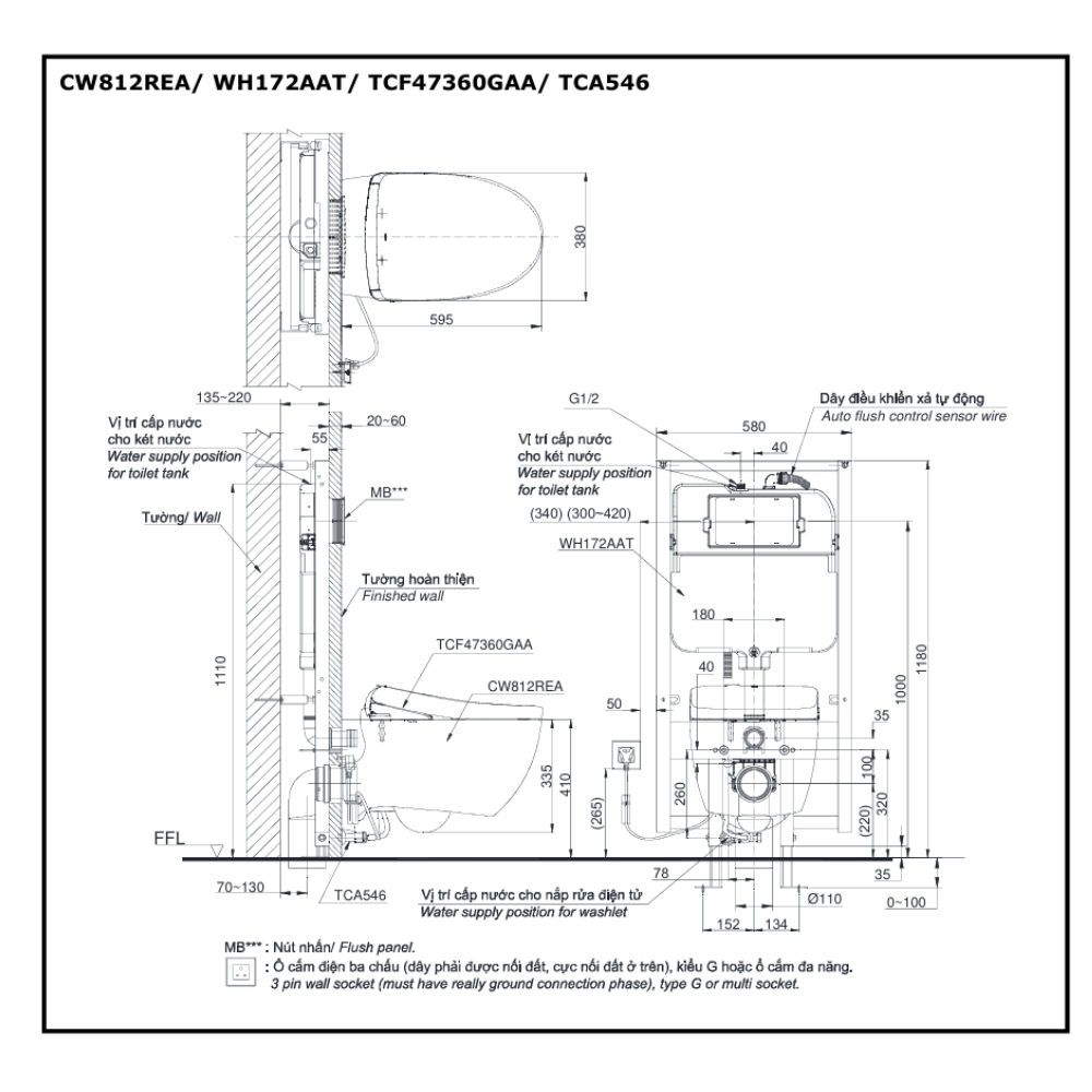 Bồn cầu treo tường nắp rửa điện tử S7 (giấu dây) xả tự động TOTO CW812REA TCF47360GAA WH172AAT TCA546 MB171M#SS