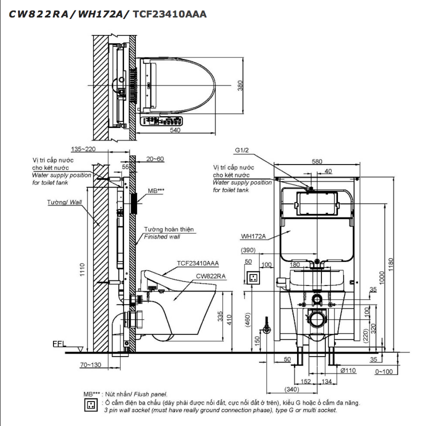 Bồn cầu treo tường điện tử TOTO CW822RA TCF23410AAA WH172A MB175M