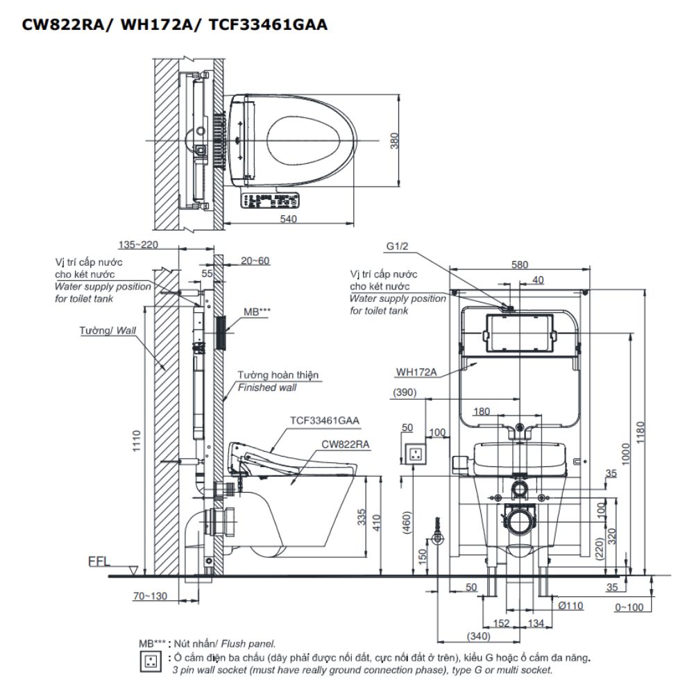 Bồn cầu treo tường nắp rửa điện tử S2 TOTO CW822RA TCF33461GAA WH172A MB174P#SS