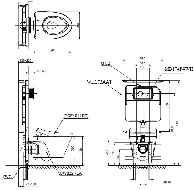 Bồn cầu treo tường điện tử S7 (giấu dây) xả tự động TOTO CW822REA TCF4911EZ WH172AAT TCA464 MB176GH