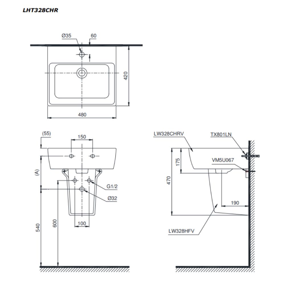 Chậu lavabo treo tường TOTO LHT328CHR chân lửng