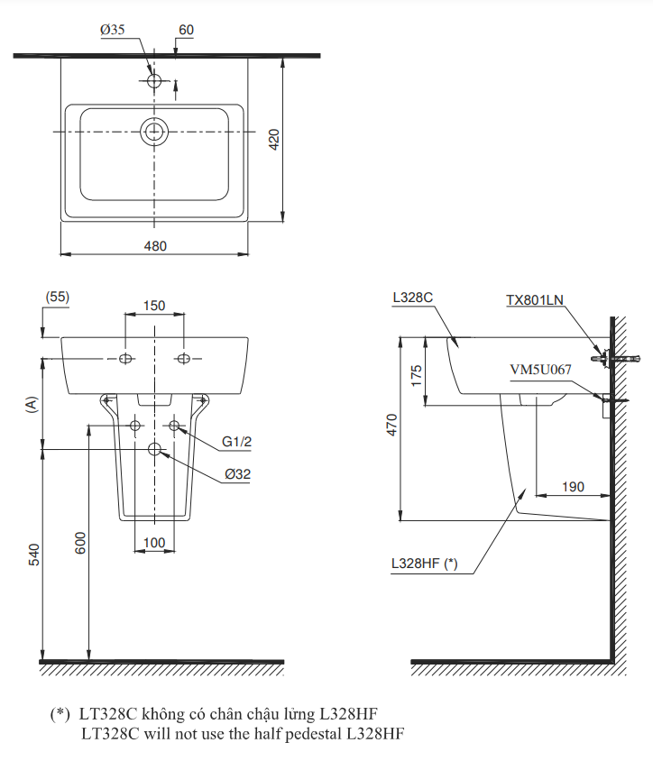 Chậu lavabo treo tường TOTO LHT328C chân lửng