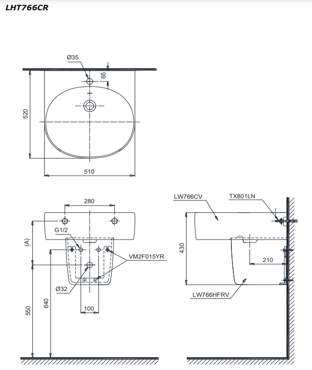 Chậu lavabo treo tường TOTO LHT766CR chân lửng