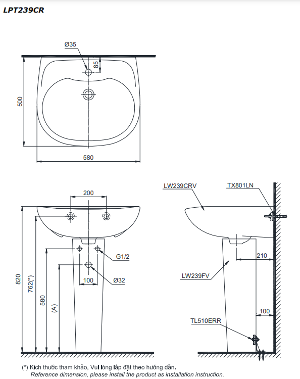Chậu lavabo treo tường TOTO LPT239CR chân dài