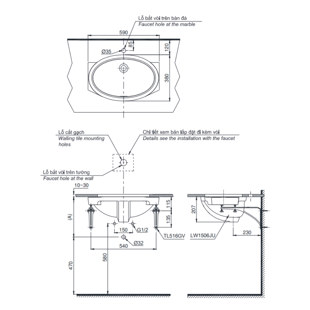Chậu rửa mặt lavabo âm bàn TOTO LW1506V#XW TL516GV kèm giá đỡ