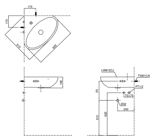 Chậu lavabo treo tường TOTO LW815CJW/F đặt góc
