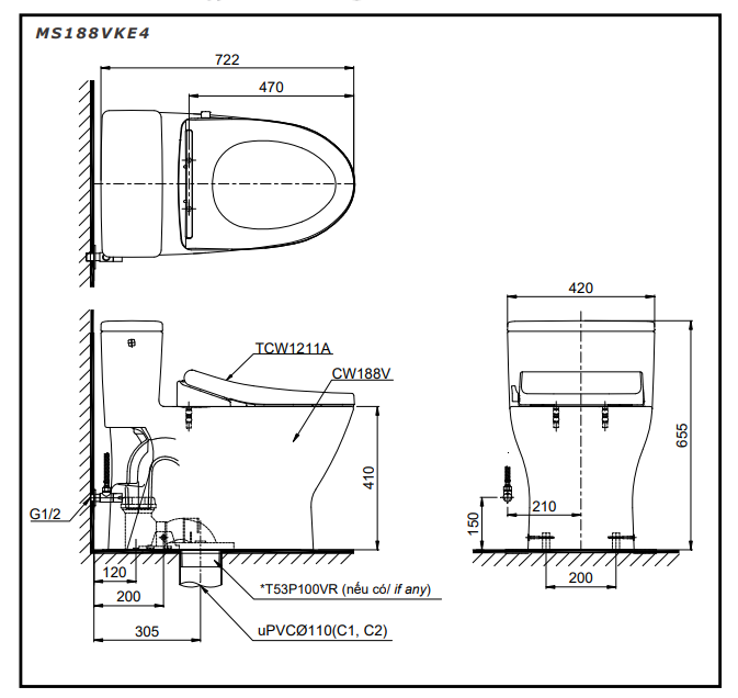 Bồn cầu TOTO MS188VKE4 T53P100VR 1 khối nắp rửa cơ TCW1211A